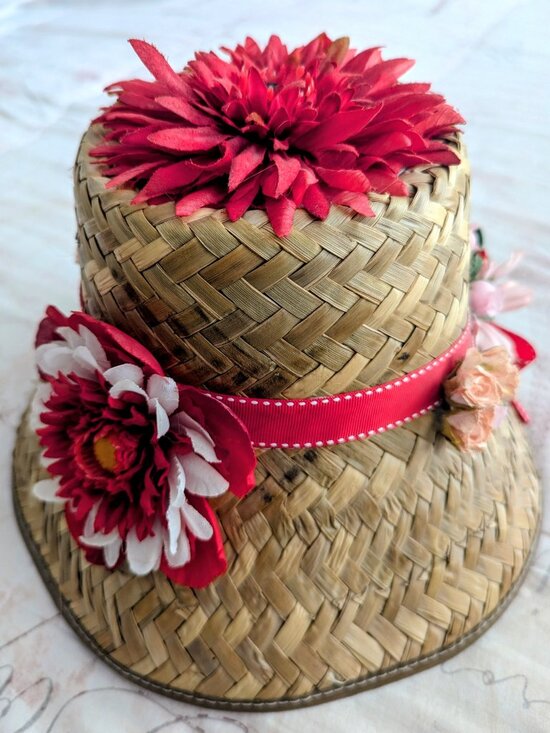 Vintage 1950\'s-60\'s Straw Floral Sun Hat-Tiki Hat-Flowers & Red Robbon Cute main image 5
